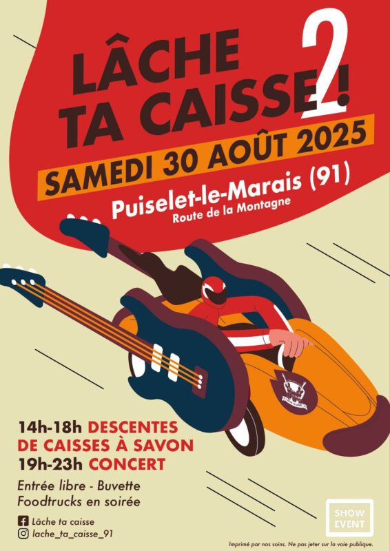ffiche de l’événement Lâche ta caisse 91 – YOVE sponsor officiel de la course de caisses à savon du 30 août 2025, avec descente, animation locale et ambiance festive
